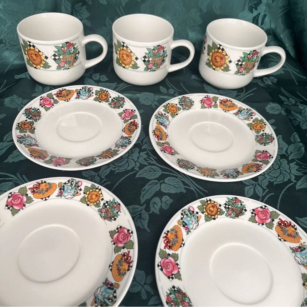 Vintage UTE Tea 3 Cups & 4 Plates Charming Hats & Florals in Engelbreit-style